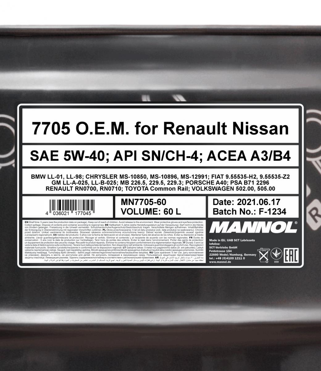 MANNOL GERMANY Oem For Renault Nissan Fully Synthetic Sae 5W-40 7705  Metallic 1L - buy MANNOL GERMANY Oem For Renault Nissan Fully Synthetic Sae  5W-40 7705 Metallic 1L: prices, reviews